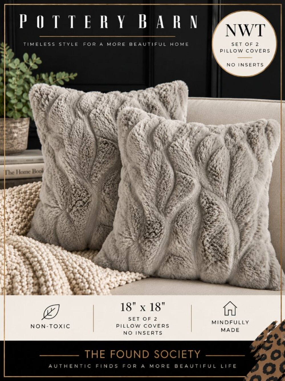 ottery Barn Faux Fur Ruched Pillow Covers 18x18 Gray NWT Set of 2